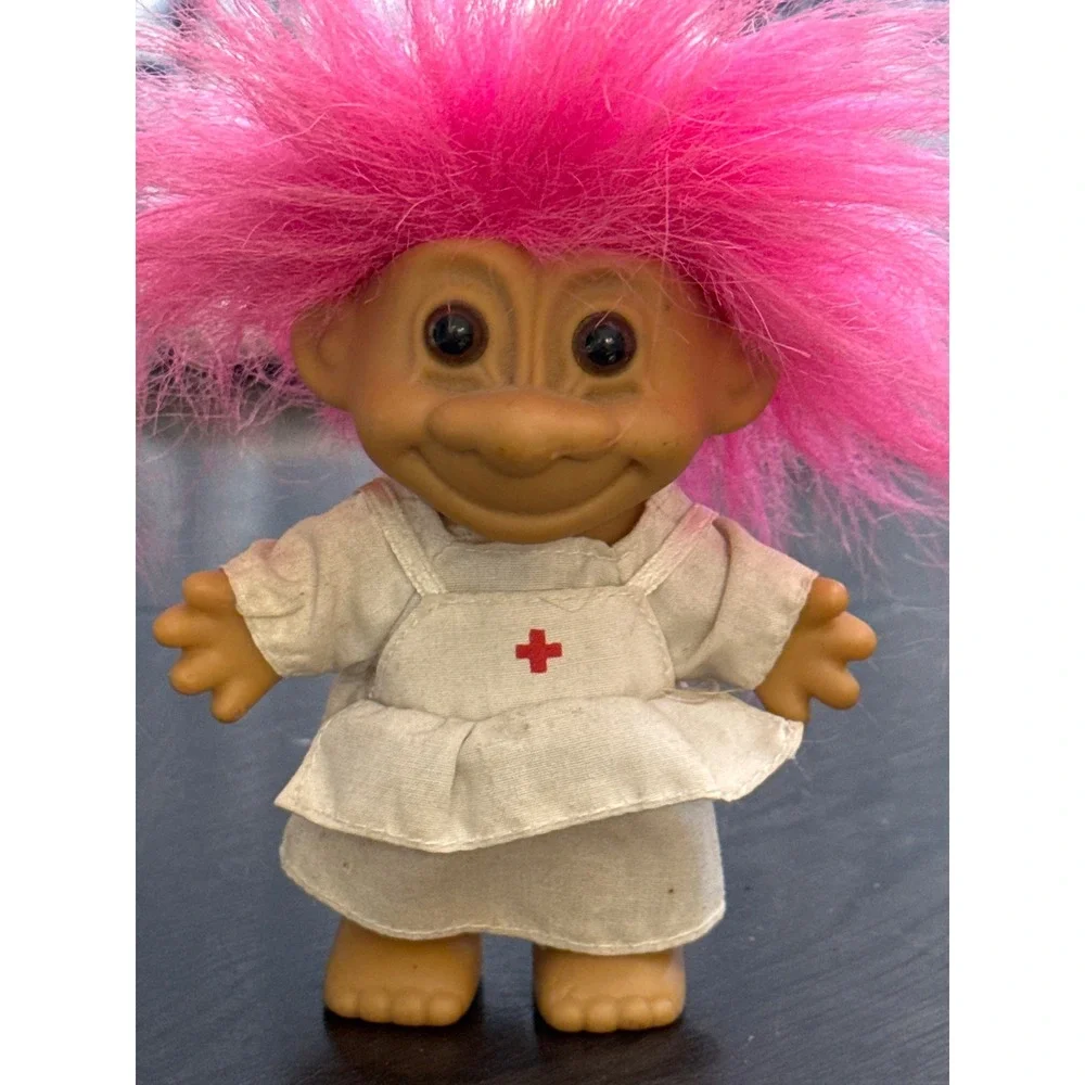 Vintage Russ Berrie Nurse Troll Doll Pink‎ Hair White Uniform Item 18309